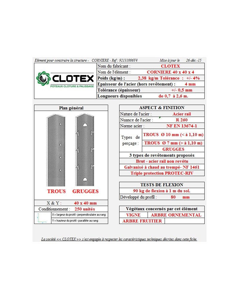 Piquet cornière acier 40x40x4mm 1,20m Clotex