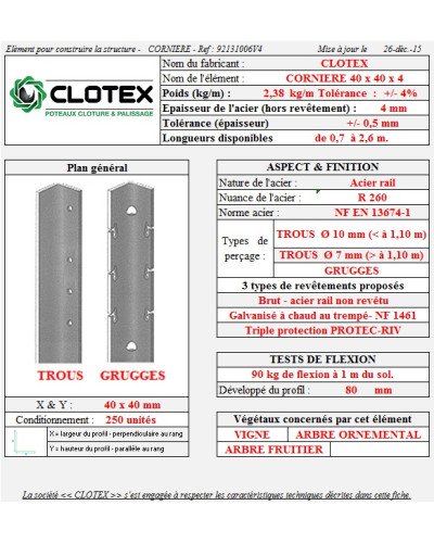 Piquet cornière acier 40x40x4mm 0,6m Clotex (par 250)